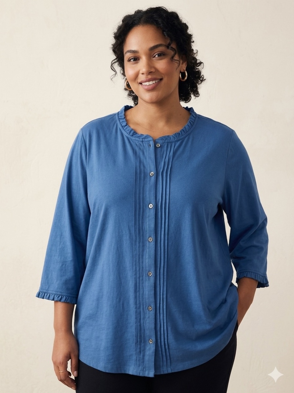 Lands’ End Women’s 2X Blue Ruffle Trim Button Front Knit Top